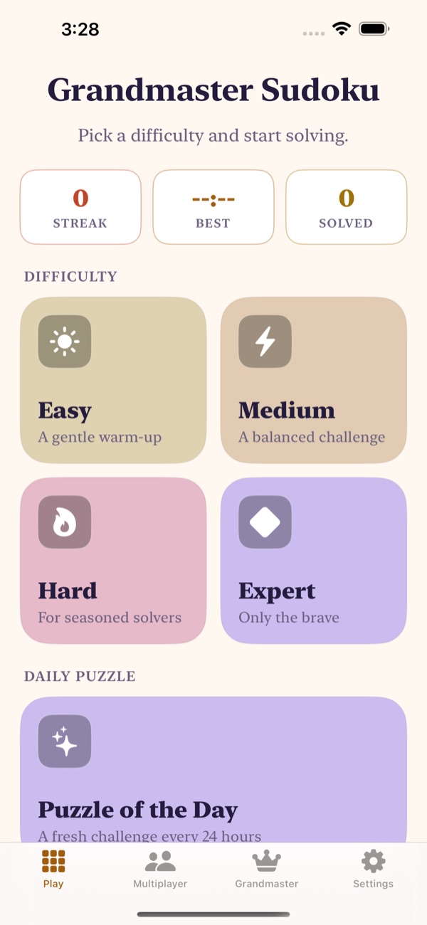 Grandmaster Sudoku app home screen